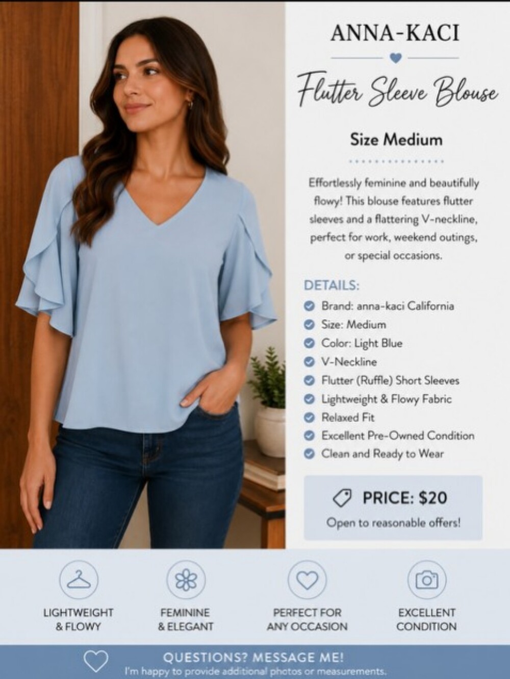 Light Blue Flutter Sleeve V-Neck Blouse